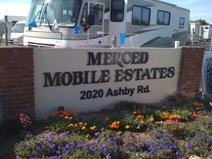 Sign for Merced Mobile Estates on Ashby Road.