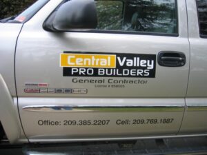 Vehicle with Central Valley Pro Builders logo and contact info